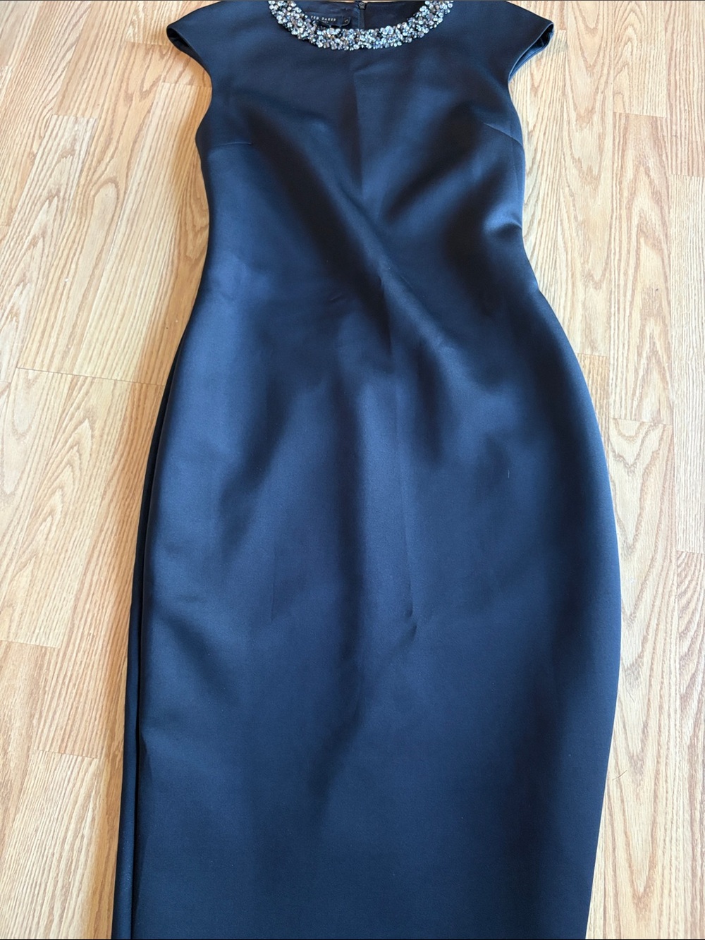 Ted Baker Sleek Black Midi Dress with Jeweled Neckline.
